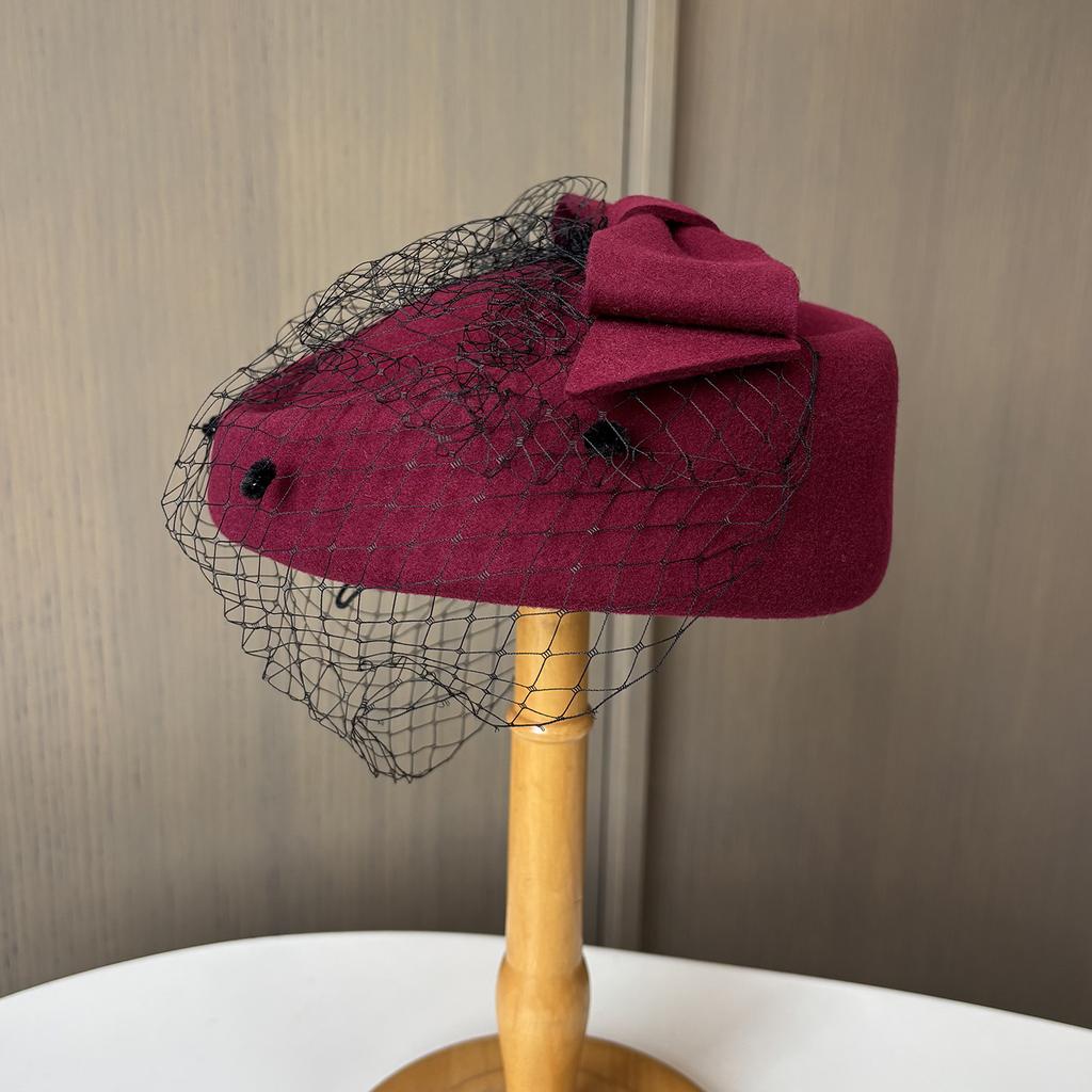 Winter Wolle Französisch Retro Zylinder Kinder Netz Schleife Stewardessenhut Reise Fotografie Braut Barett Hut