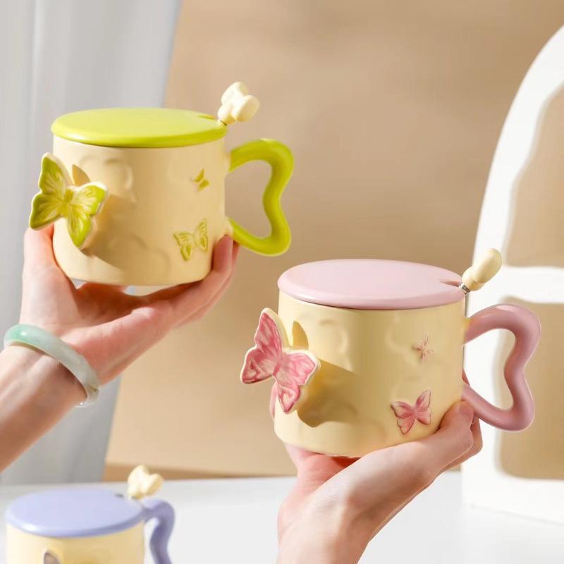 Creative Embossed Butterfly Personalized Ceramic Mug As A Souvenir Coffee Cup with Lid and Spoon High Looking Small Fresh Water Cup