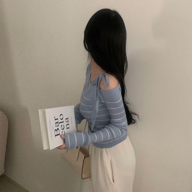 Top Tricotat Chic Coreean cu Umeri Goi, cu Șnur, cu Mâneci Lungi și Dungi