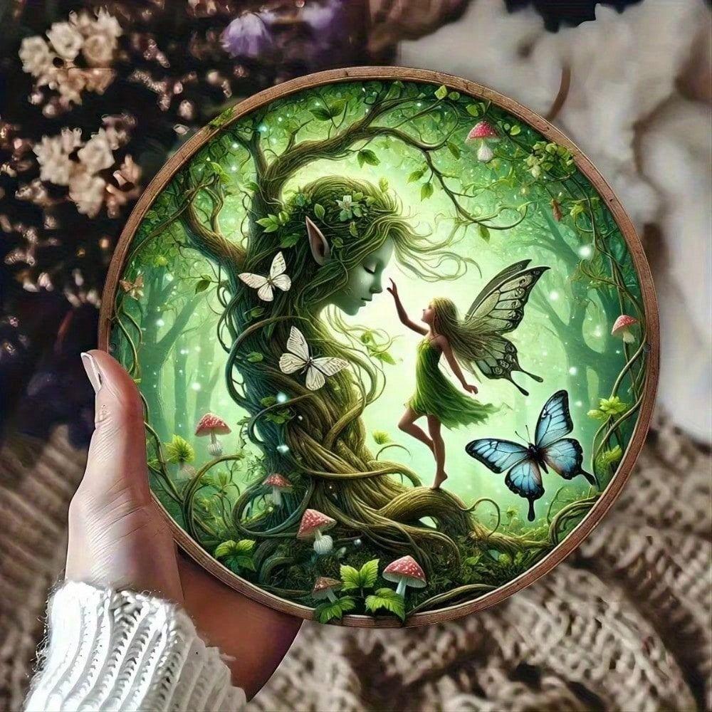 Metal Wall Art Poster with Holes, Fantasy Fairies Butterflies Mushrooms for Living Room