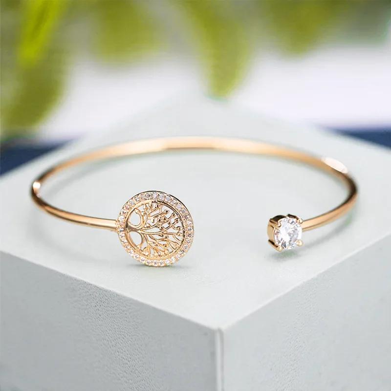 Europese en Amerikaanse Stijl Eenvoudige Delicatesse Ingelegd Zirkonia Levensboom Armband Elegantie voor Vrouwen Open Monden Armband Feest Sieraden