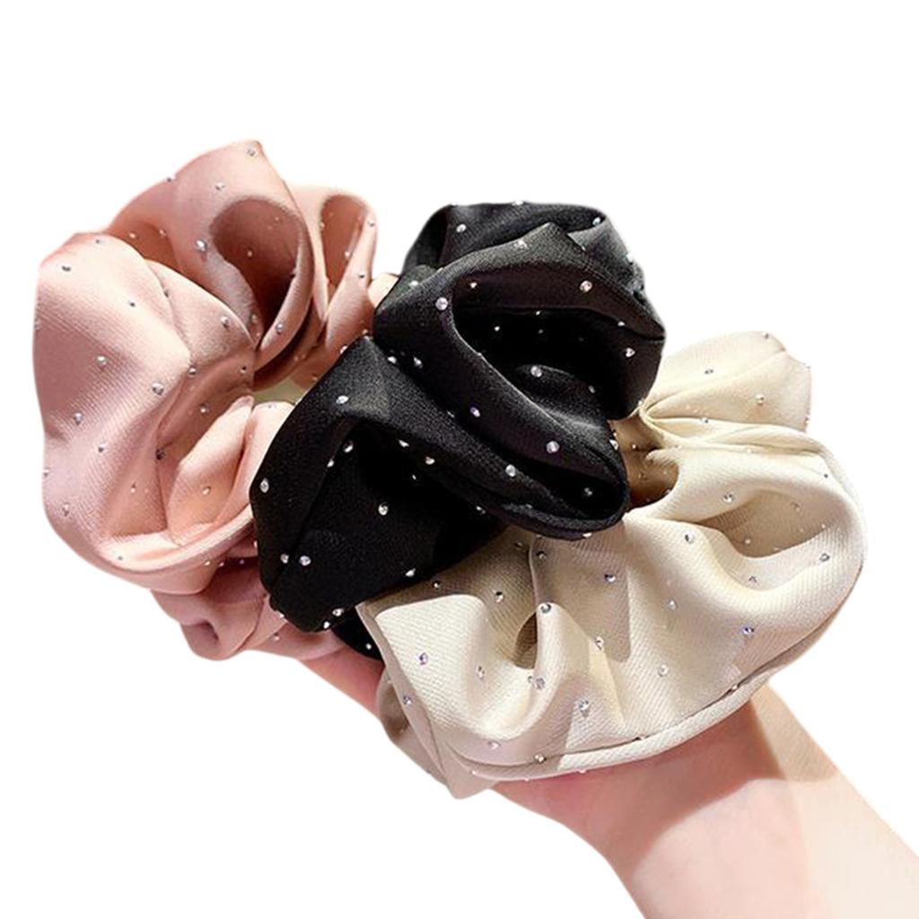 3PCS Hair Scrunchies with Rhinestones and Pleated Detail Ponytail Holder Fashion Hair Accessories for Daily Use