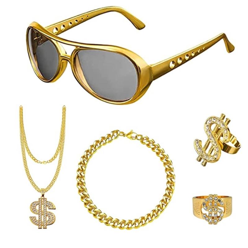 Hip Hop Costume Kit Dollar Sign Pendant Necklace Adjustable Hat Hip Hop Dollar Rings Sunglasses Bracelets Set Gifts