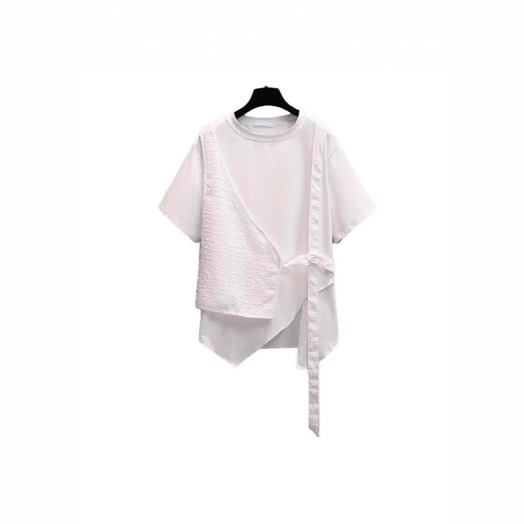 2025 Summer New Large Size Women's Short-sleeved T-shirt Women Cover Meat, Look Thin, Loose and Fat MM Irregular Fake Two-piece Top