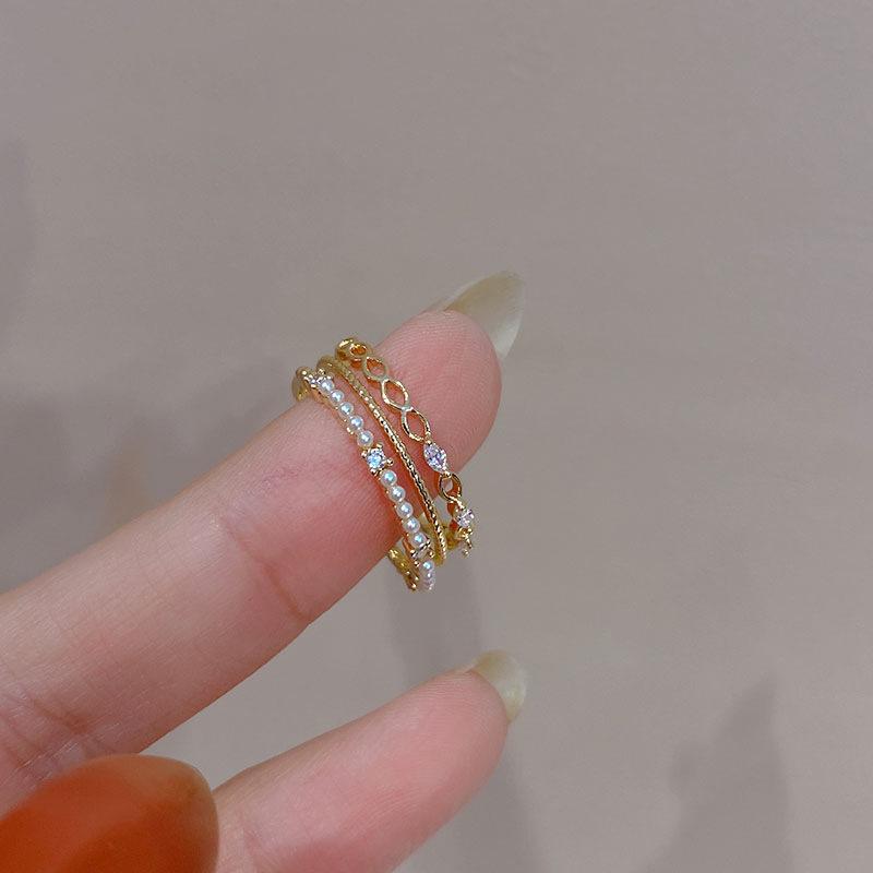 Korean simple micro-inlaid zircon pearl multi-layer open ring fashion temperament versatile ring personality niche jewelry