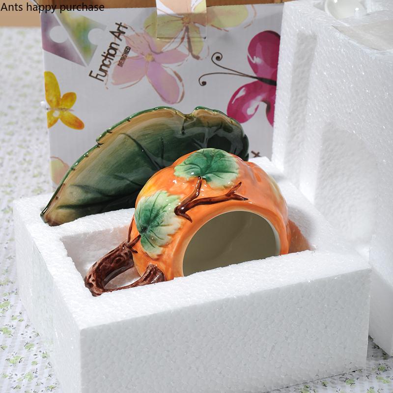 Kreativní oranžový dýňový šálek Keramický hrnek s podšálkem Lžička Kávový šálek Čajový šálek Sada Kávový hrnek Čajové hrnky Sklenice na vodu Sklenice na mléko Dárek