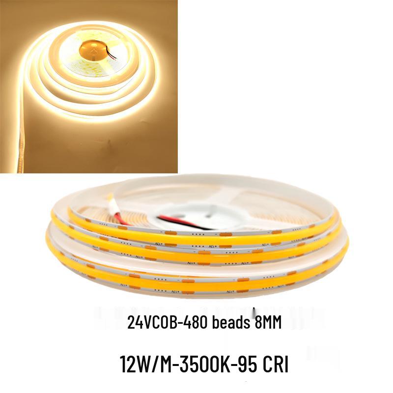 COB LED Strip Light 12V/24V, 320/480 LEDs, 8MM, 90 CRI, Self-Adhesive, Aluminum Channel.