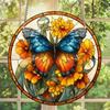 Acrylic Blue-Orange Butterfly with Yellow Flowers Suncatcher, Stained Glass Effect Window Hanging Ornament for Nature & Art Lover Gifts