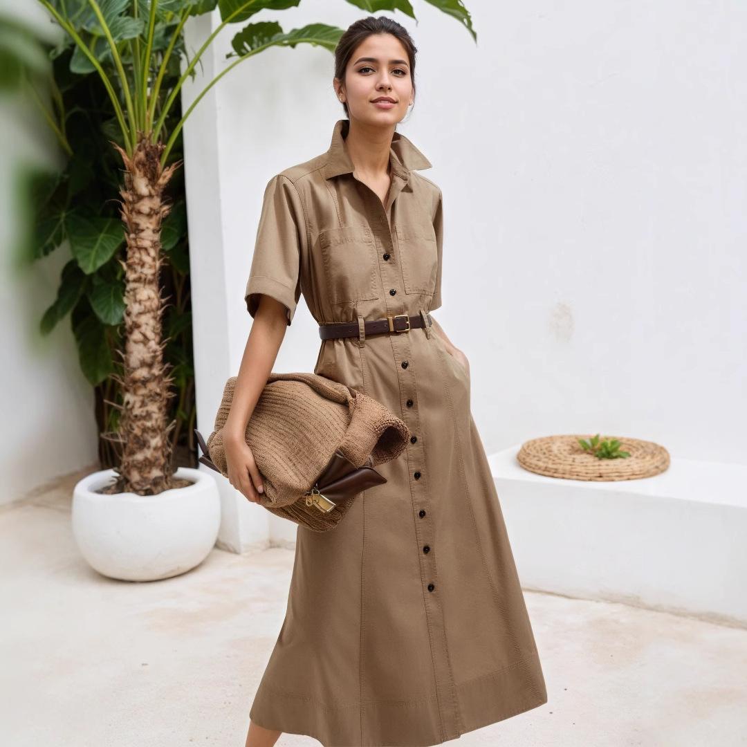 Fashionable Western new women s short-sleeve lapel belt with buttoned khaki shirt dress S
