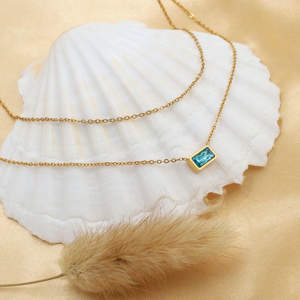 French Light Luxury Titanium Steel Non-Fading Jewelry Fashionable Versatile Stacked Wearing Collarbone Chain Double Layer Blue Zircon Necklace Women