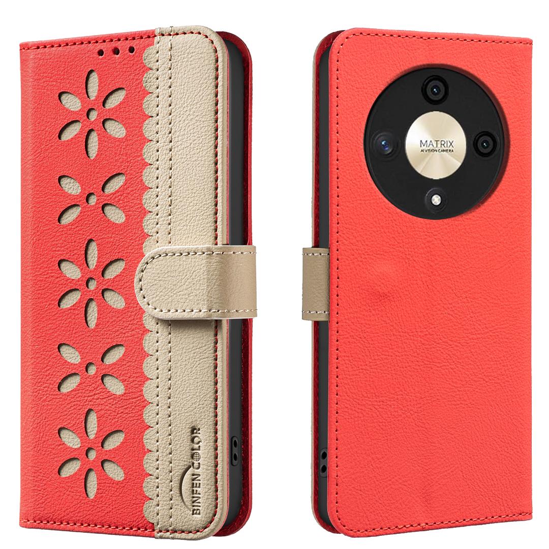 

For Honor X9b 5G/Honor Magic6 Lite 5G Leather Case BINFEN COLOR BF36 Floral Pattern Phone Cover RFID Blocking Wallet Stand Red