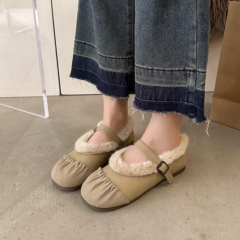 Round Toe Spring/autumn Flats Solid Buckle Strap Ladies Shoes 2024 High Quality Shallow Concise Short Piush Flats Sapatos Baixos
