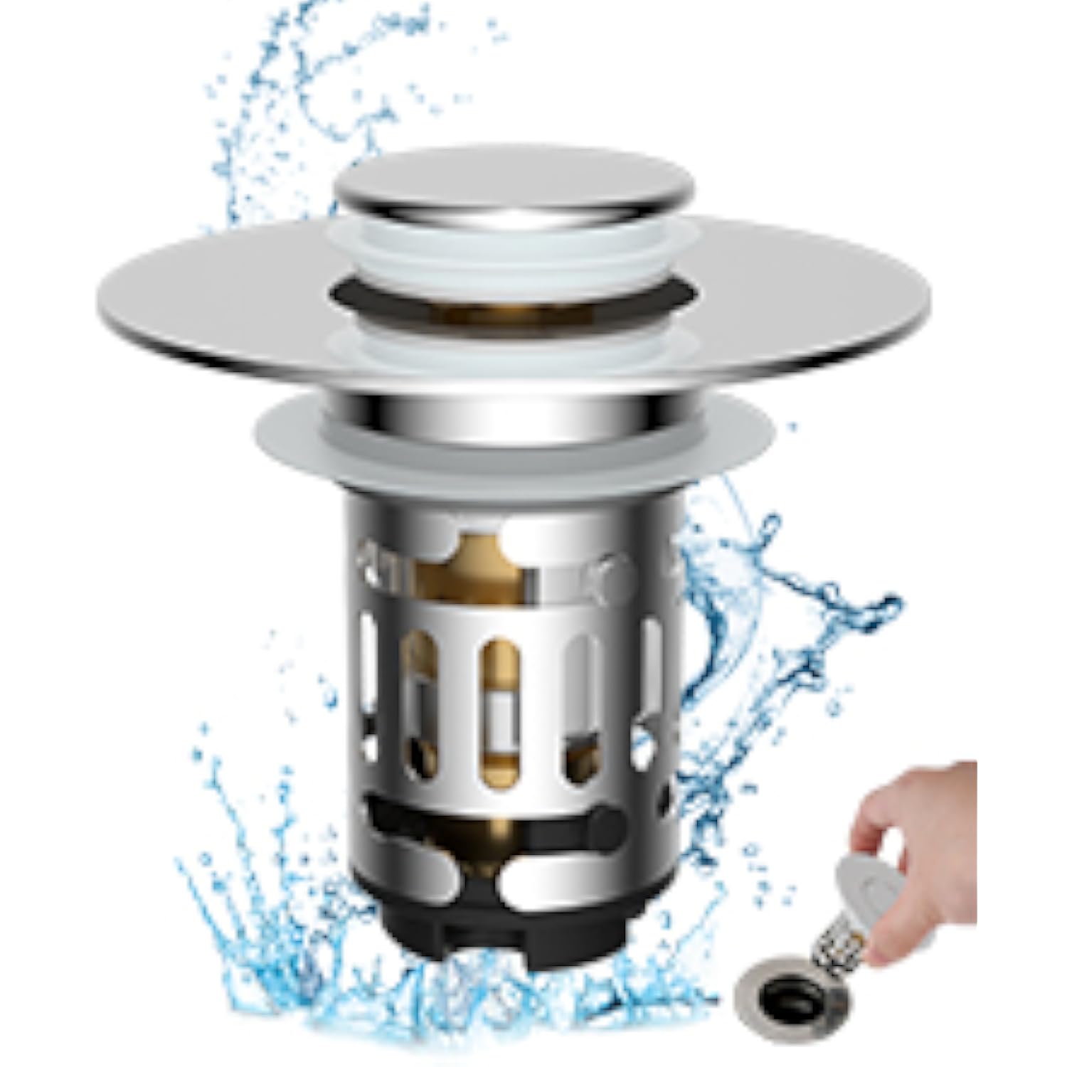Upgraded 3 in 1 Bathroom Sink Drain Strainer, Universal Pop Up Stopper with Stainless Steel Hair Catcher Filter, Brass Core Chrome for 1.1  -2.36   Ba серебряный