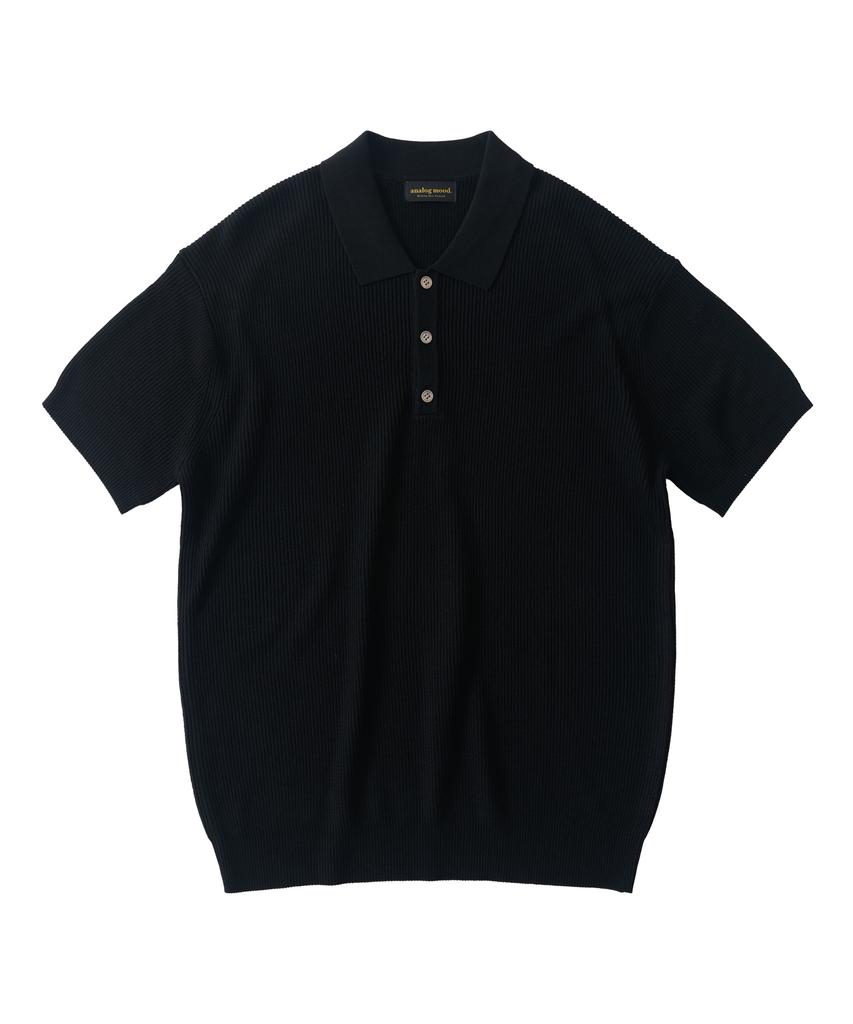 ANALOG MOOD Hacci Button-Up Collar Short Sleeve Knit (Black)
