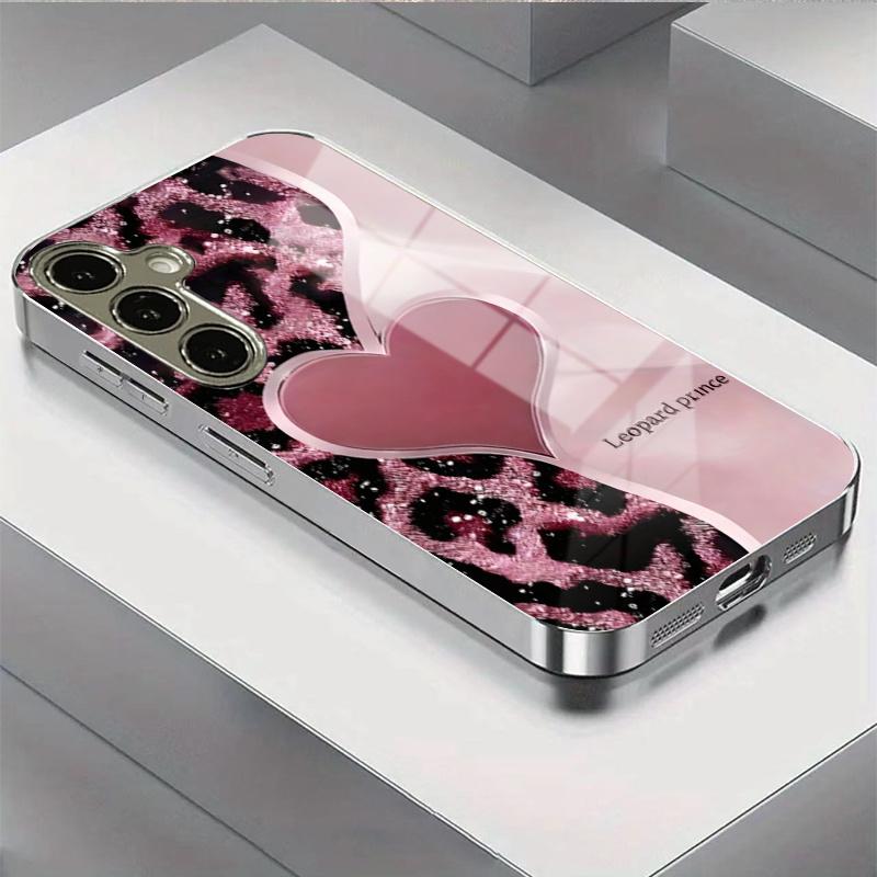 Pink Heart Leopard High-end PhoneCase Electroplated Glass PhoneCase for Samsung Galaxy S26 S25 S24 S23 S22 S21 FE,Ultra,Plus