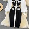 Retro Hepburn Style Waist Waist Square Collar Ladies Temperament Black and White Patchwork Buttock Knitted Dress