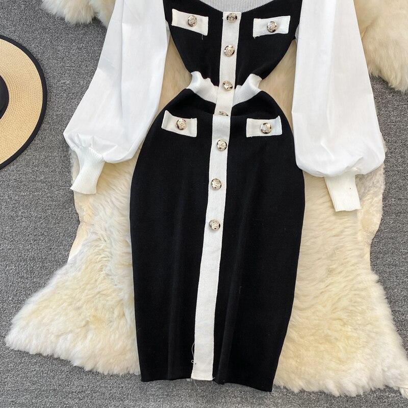 Retro Hepburn Style Waist Waist Square Collar Ladies Temperament Black and White Patchwork Buttock Knitted Dress