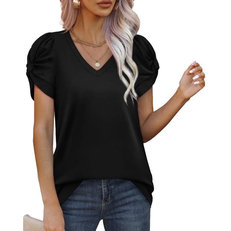 Spring and Summer New Solid Color Simple Twist V-neck Short-sleeved T-shirt Bottoming Shirt for Women
