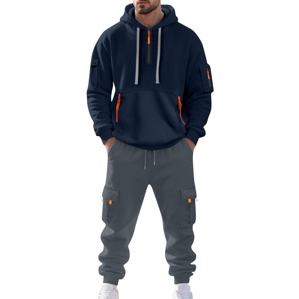 Pánský jednobarevný ležérní oblek Volná sportovní mikina s kapucí s kapsami Kombinéza s více kapsami