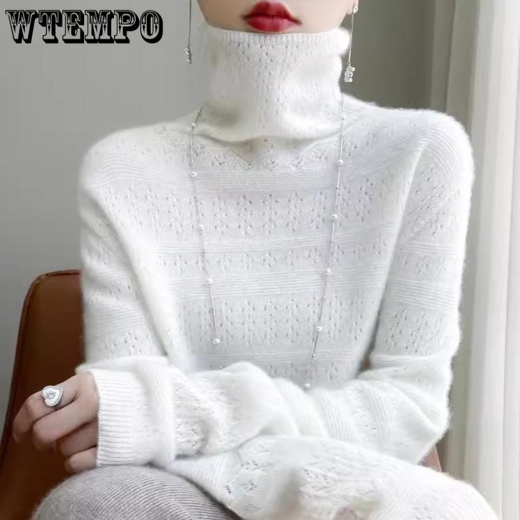 For Autumn and Winter Piled Turtleneck Sweaters Trendy Cut-out Knitted Sweaters for Women and Solid-color Casual Pullovers