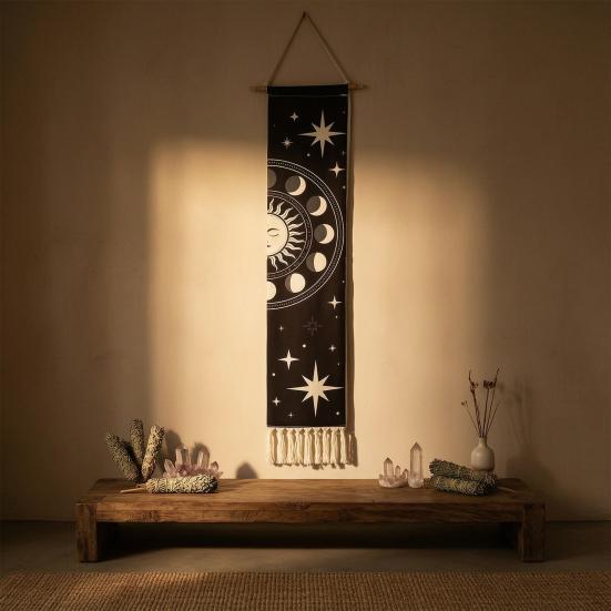 Fringed Tapestry, Soft Cotton with Sun Moon Star Prints Wall Hanging, Bohemian Style Doorway Curtain for Bedroom Living Room