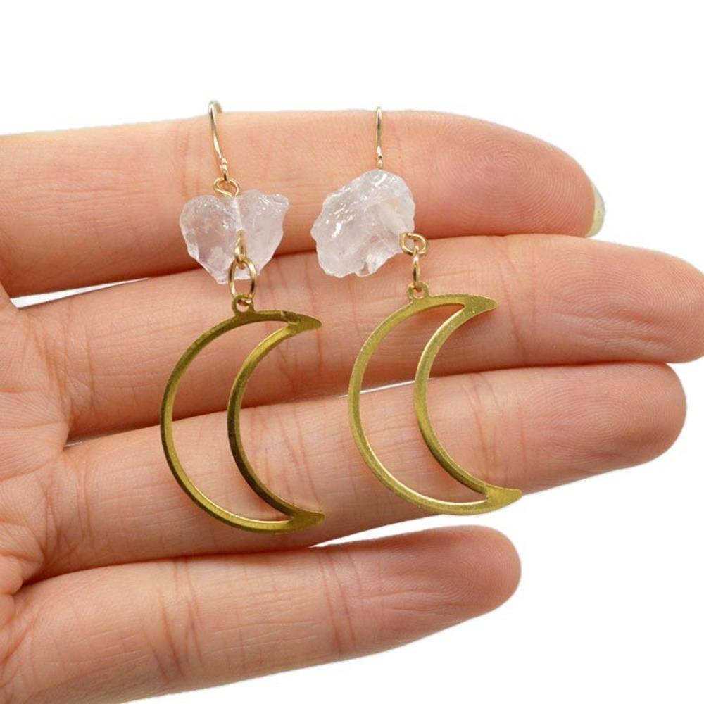 Exquisite Simple Gold Color Stainless Steel Hollowed-out Crescent Moon Irregular Crystal Dangle Earrings for Women Jewelry Gift