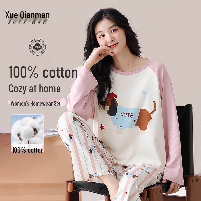 Xue Qiman Women s Sweet Pink Dog Print 100% Cotton Long Sleeve Loungewear Set XL