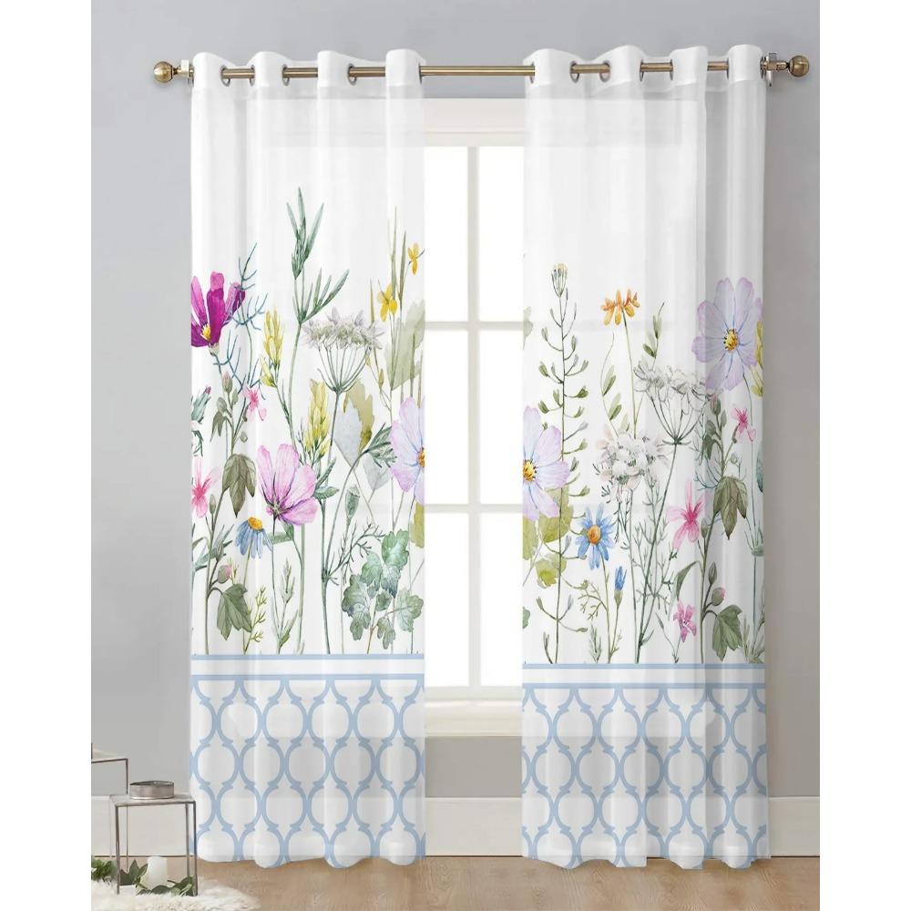 Cortinas Transparentes Blancas Puras Florales de Flores Silvestres de la Temporada de Primavera de Marruecos Azul para Sala de Estar Ornamentación Panel de Ventana Cortina Cocina Tul Transparente