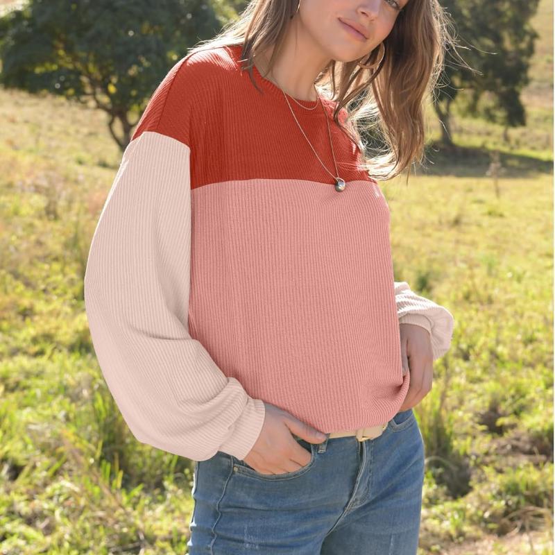 Women Fashion Color Block Long Sleeve O-neck Knitted Ribbed Casual Loose Pullovers