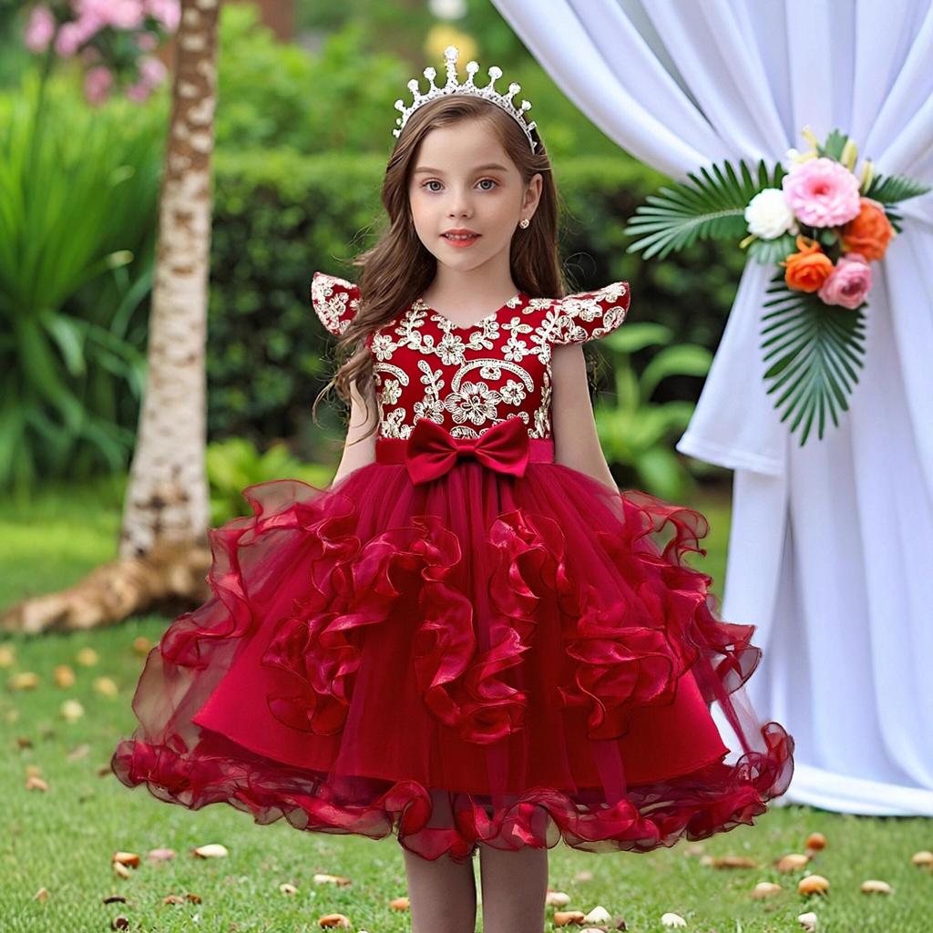 Kinder-Prinzessinnenkleid, Aufführungskostüm, Mädchen-Pailletten-Tüll-Spitzenkleid