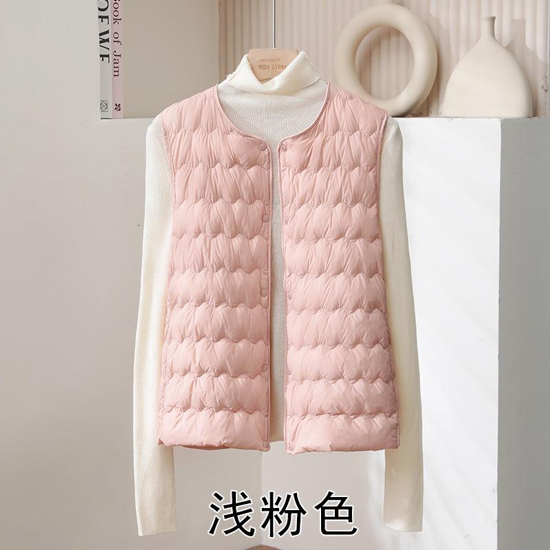 Women's Sleeveless Down Vest Round Neck Lightweight White Duck Down Warm Puffer Gilet Inner Wear Vest