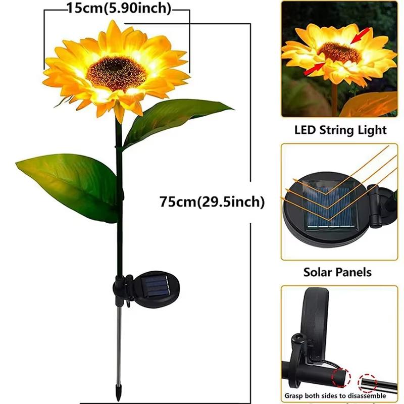Solar Sunflower Garden Lights 1/3 Heads Waterproof Outdoor Decorative Lawn Lamp for Yard Pathway Wedding Christmas