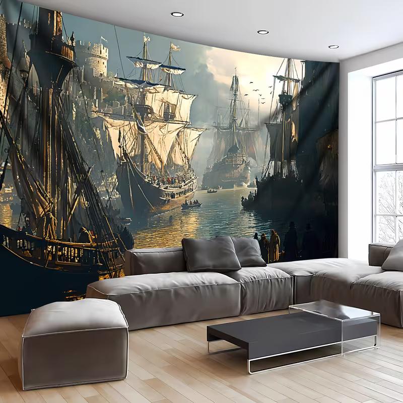 2D mittelalterliche Galeonenschiffe Wandteppich, alter Hafen Segelflotte Wandbehang für ästhetische nautische Dekoration