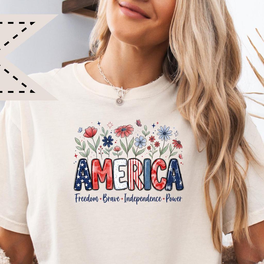 American Floral Graphic Tee, 250 Years Freedom Patriotic Shirt, Boho 4th of July Shirt, Independence Day Graphic Tee for Her