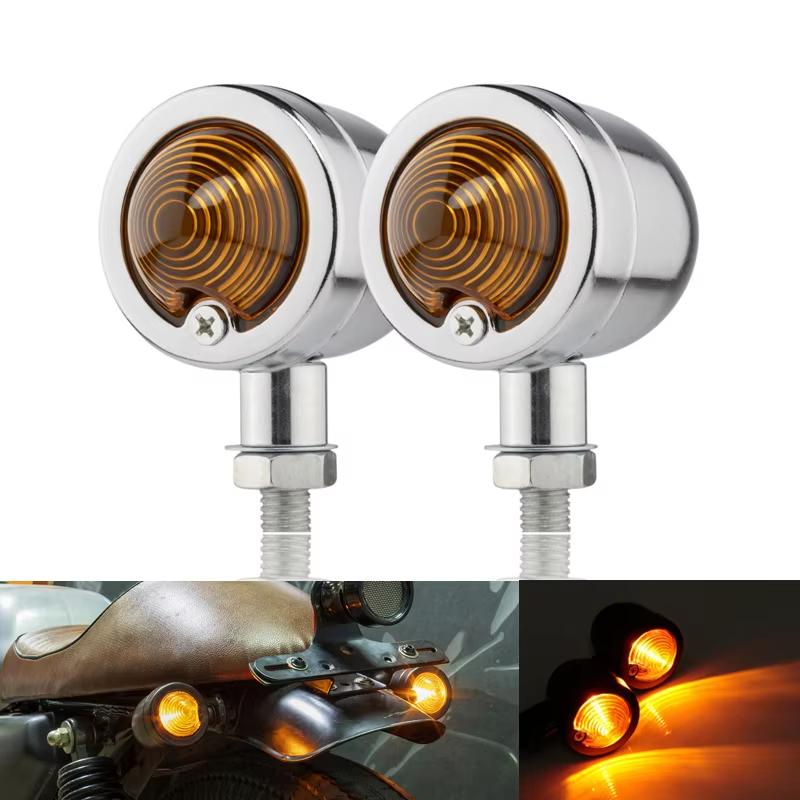 

Motorcycle Turn Signal Light Universal 12V 10mm For Chopper Cafe Racer Moto Indicator Lamp Retro Scooters Metal Turn Signal Lamp 2 Pcs-Chrome