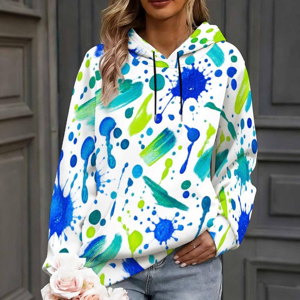 Women Plus Size Abstract Printed Long Sleeve Drawstring Hood Kangaroo Pocket Pullover Hoodie