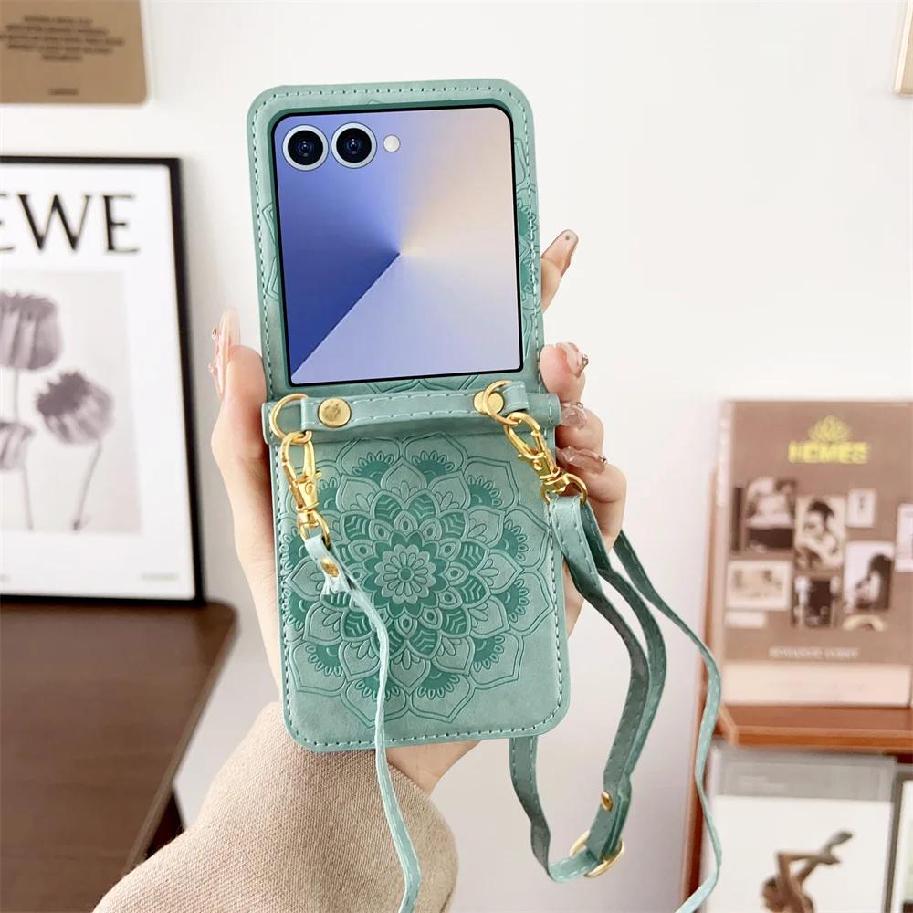

Crossbody Lanyard Flower Mandala Shockproof Phone Case for Samsung Galaxy Z Flip 7 6 5 4 3 Flip7 FE Flip6 Flip5 5G Leather Cover Galaxy Z Flip6 зелений