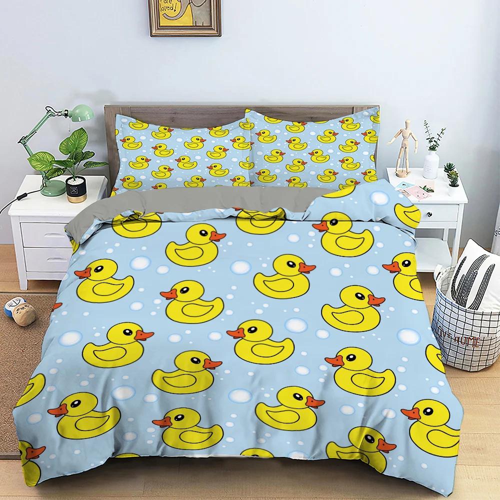 Carton Yelow Duck King Quen Soft Duvet Cover Farm Lovely Animal Beding Set Blue Buble Comfortable Quilt Cover Soft Polyester Warm Comforter Cover