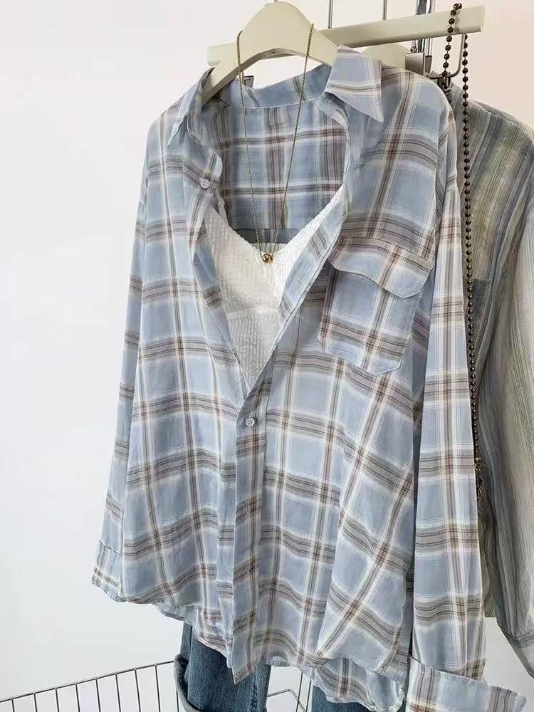 2025 Women's Lazy Style Summer Plaid Shirt - Casual Mid-Length Long-Sleeved Top with Sun Protection