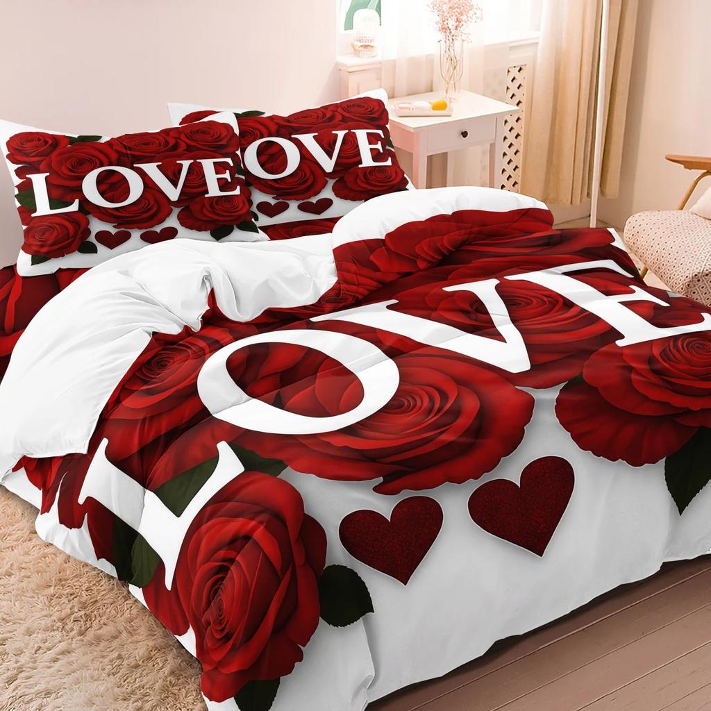 3pcs Valentine'S Day Gifts Bedding Set Romantic Rose Love Letter Pattern Duvet Cover Set Queen King Size Gifts for Lover