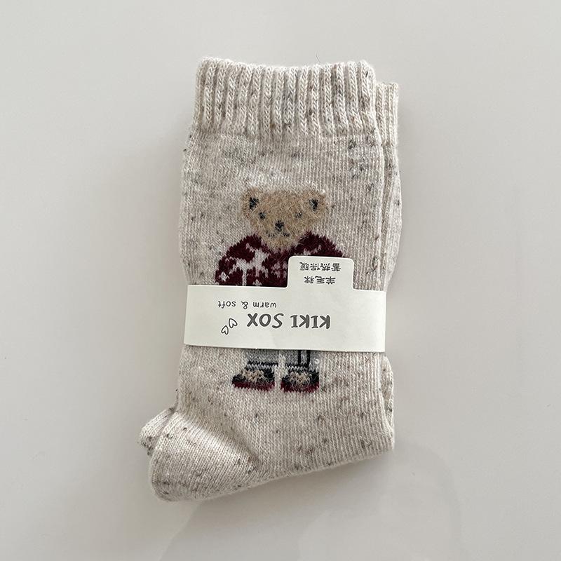 SP&CITY Korean Cartoon Embroidery Wool Socks Women's White Bow Stripe Plush Middle Tube Socks Winter Breathable Thickned Socks