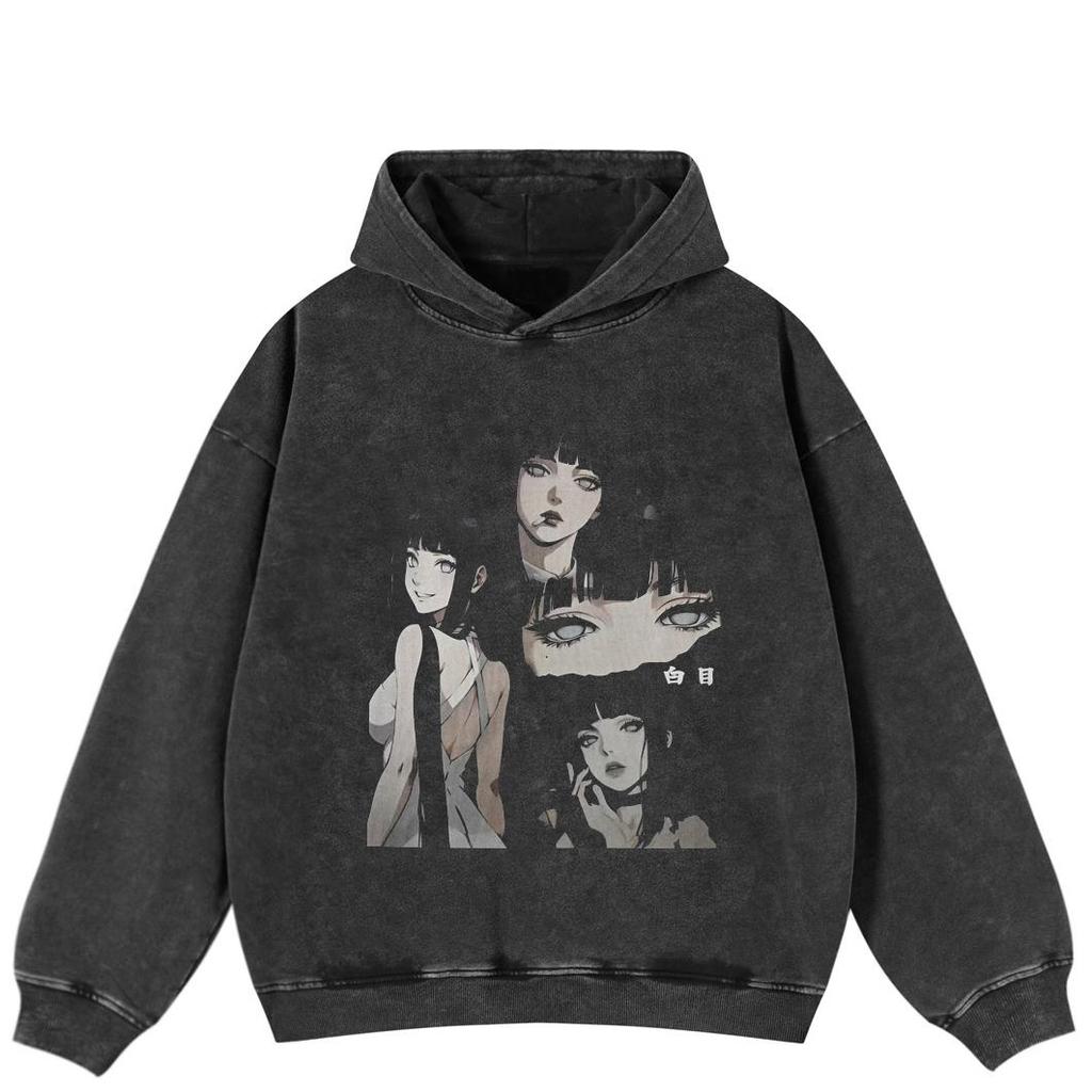 Streetwear Anime Girl Graphic Side Pockets Pullover Unisex Oversized Washed Black Hoodie