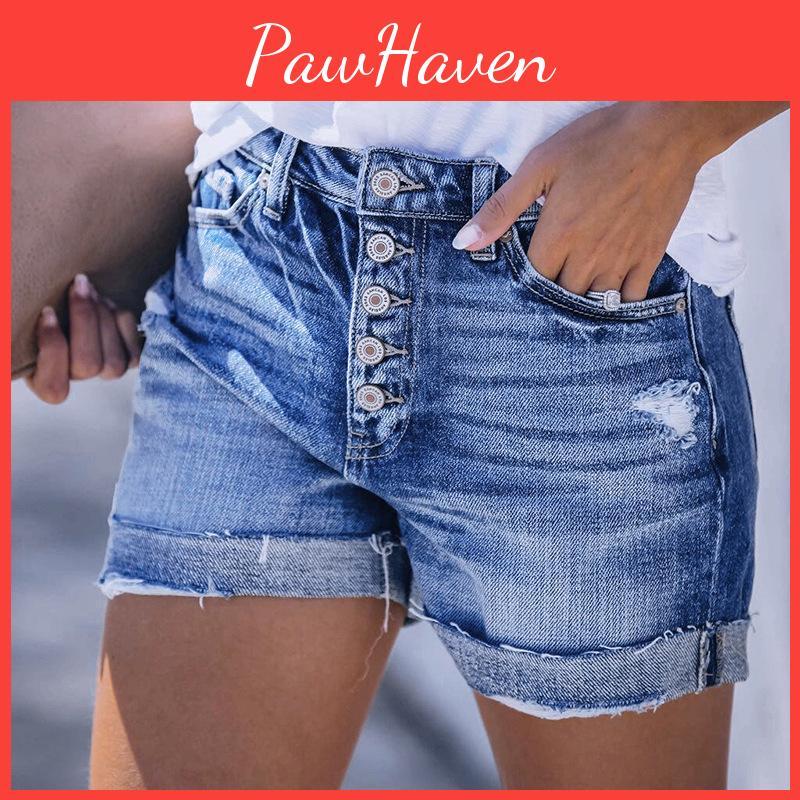 Pantaloni scurți de damă din denim rupți, elastici, cu găuri