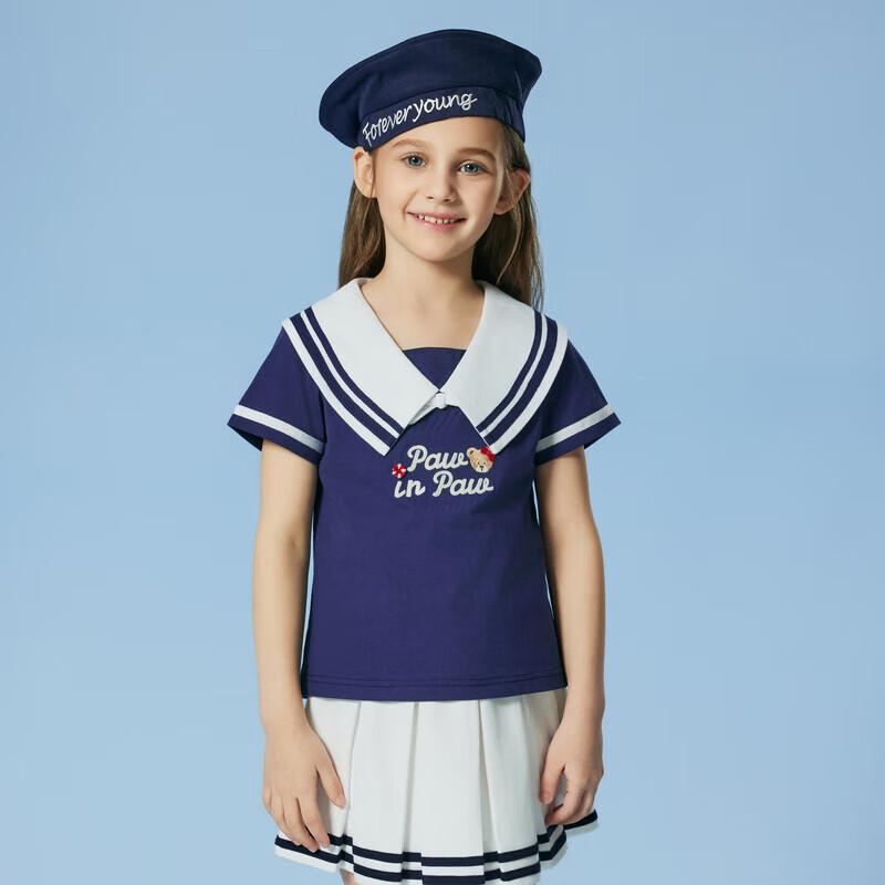 PawinPaw Girls  Cartoon Bear Navy Collar Short Sleeve T-Shirt 150