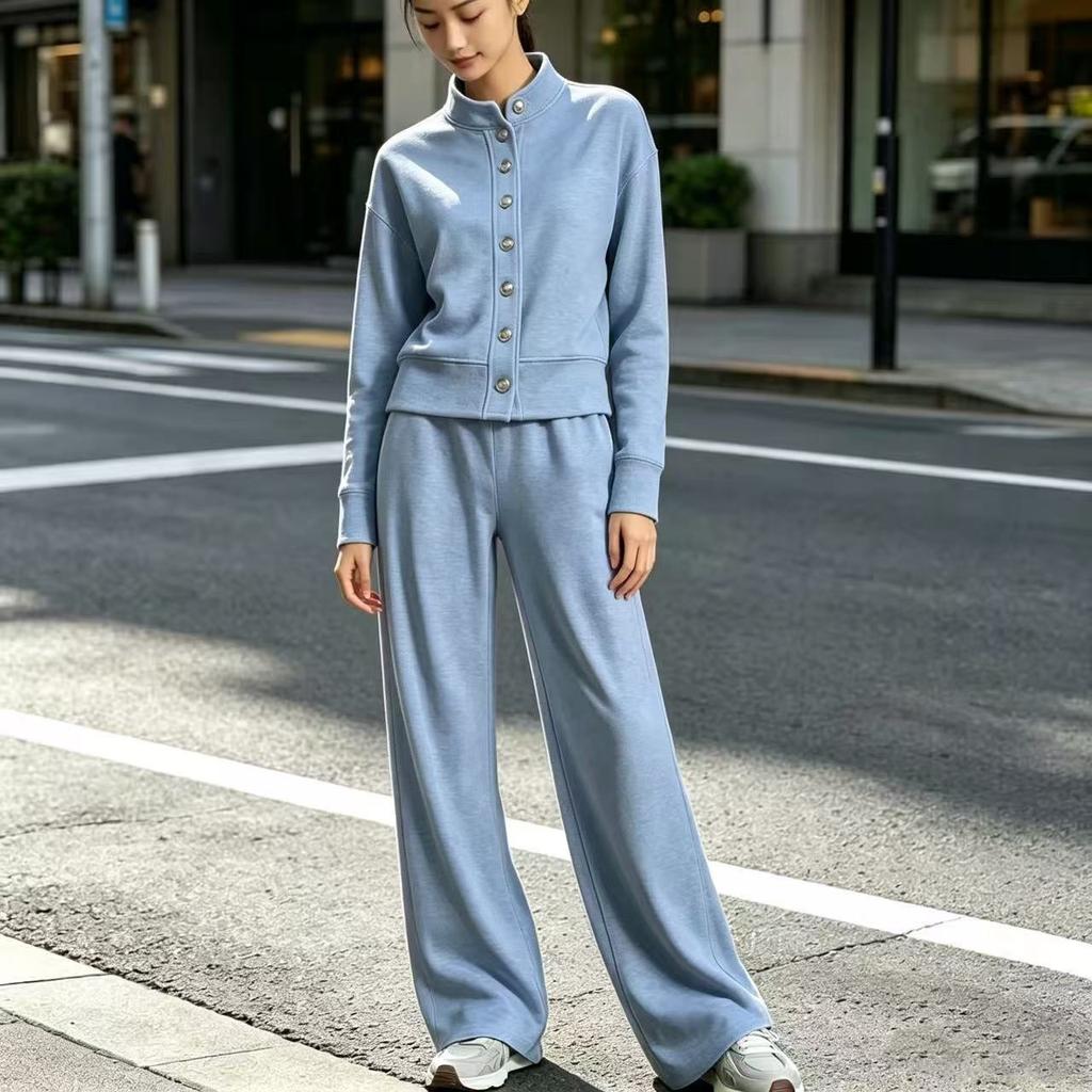 Women Solid Color Stand Collar Long Sleeve Tracksuit Casual Loose Sweatshirt And Wide Leg Pants Suit Light Blue