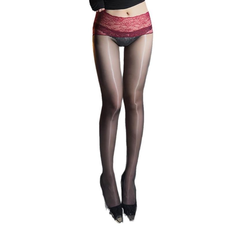 Sexy Lace Waist Stockings 360 Seamless Crotch Pantyhose Thin Aurora Glossy Color-Block Black Stockings for Women with Open Crotc