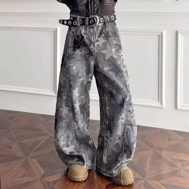Men All Over Star Print High Waist Wide Leg Denim Cargo Pants