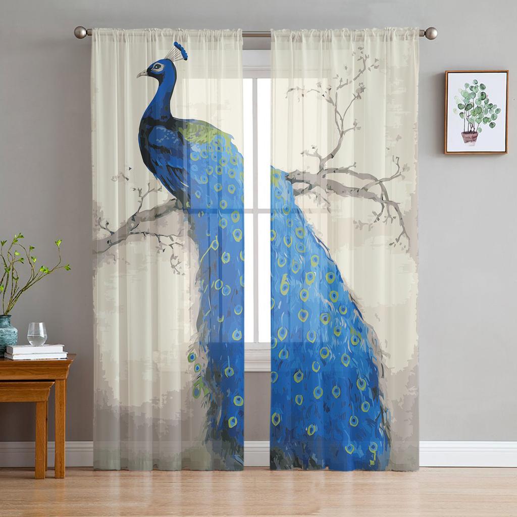 Animal Peacock Forest Stone Tulle Sheer Window Curtains for Living Room Bedroom Modern Tulle Voile Curtains Drapes Decoration