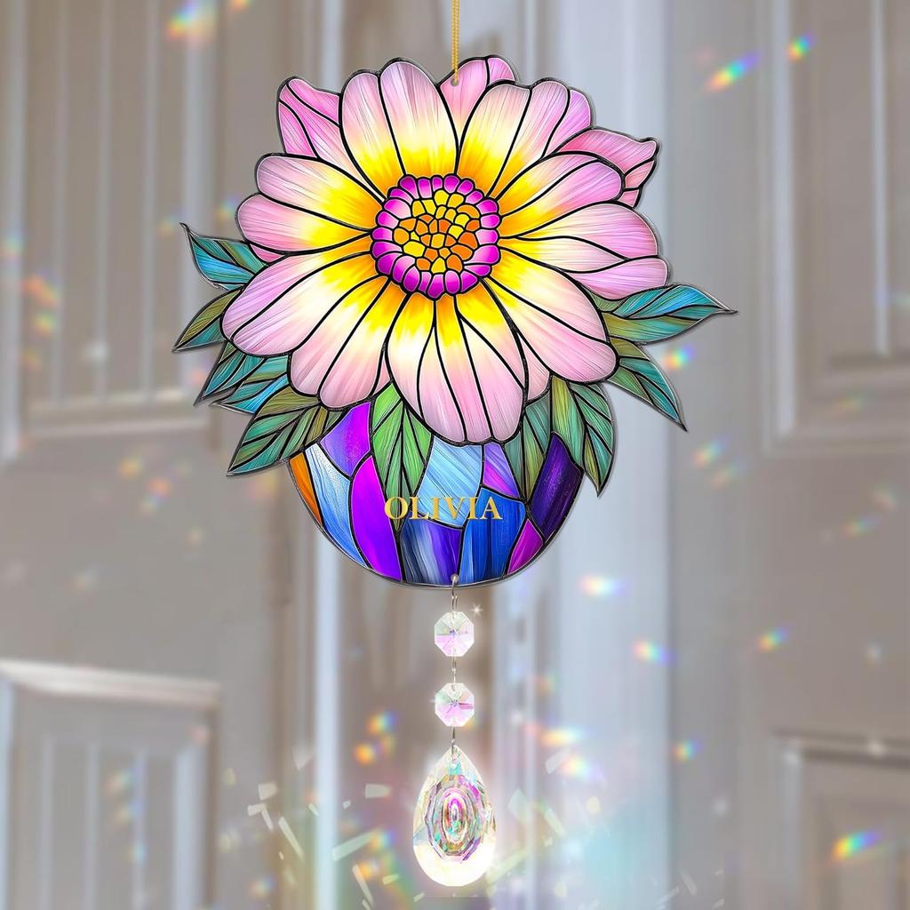 Rose Suncatcher - Birth Flower Gifts for Women, Birth Flower with Name Suncatcher Ornament with Crystal, for Mom, Grandma