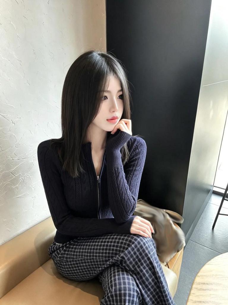 Autumn 2026 Korean Style Navy Blue Knit Cardigan - Elegant Slim Long-Sleeve Outerwear